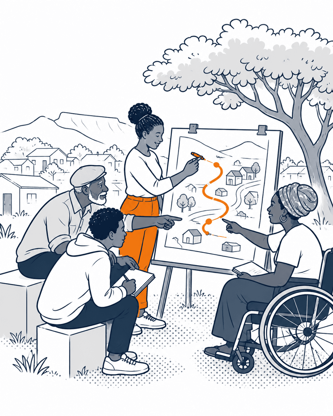 A group of people working together around a shared planning board outdoors, one sketching a route in orange while the others point and add notes.