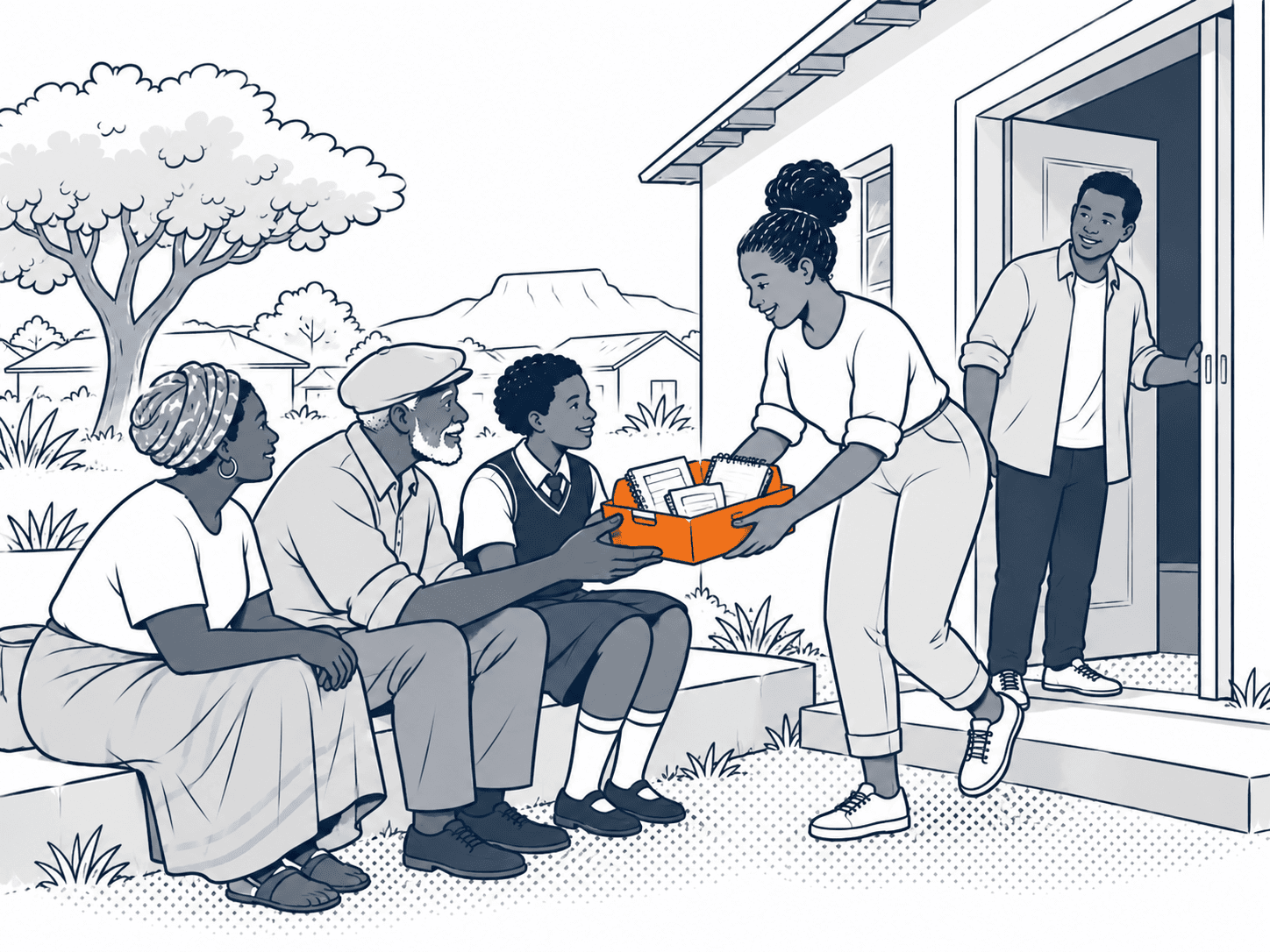On the stoep of a community hall, a champion passes an orange toolkit of cards into the hands of an elder and a school learner.